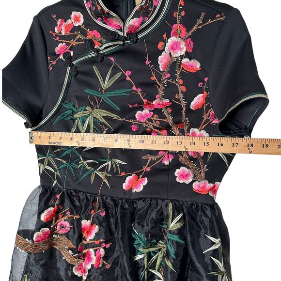 Anthropologie M Anna Teng EMBROIDERED Floral Stretch Silk Mini Dress Fit&Flare - Picture 3 of 7